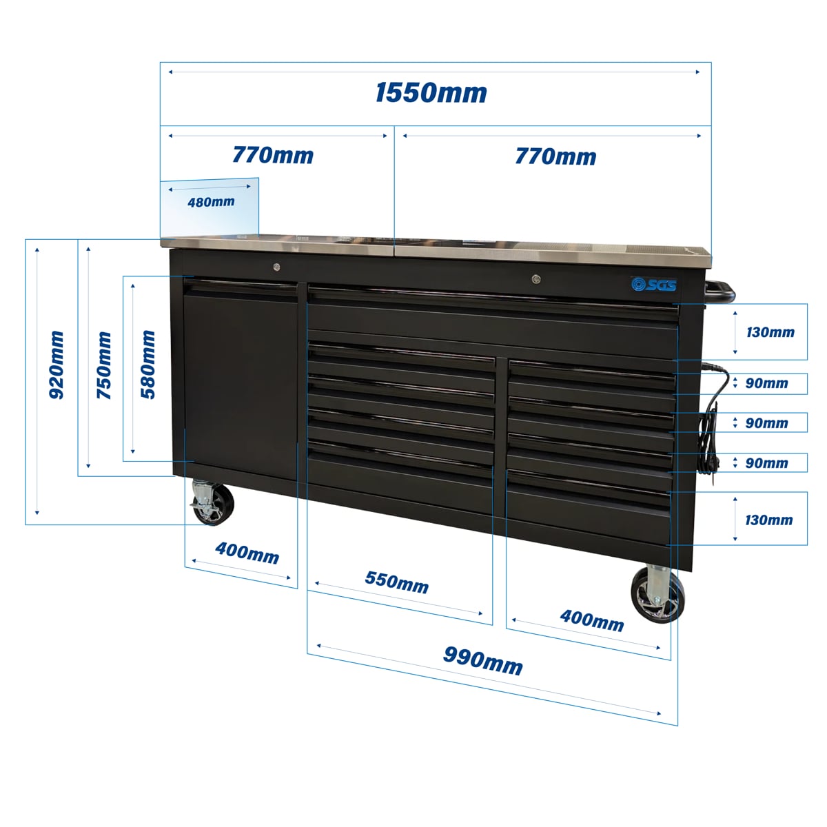 SGS 61in 9 Drawer Tool Chest | Split Stainless Steel Lift-Up Worktop | Black